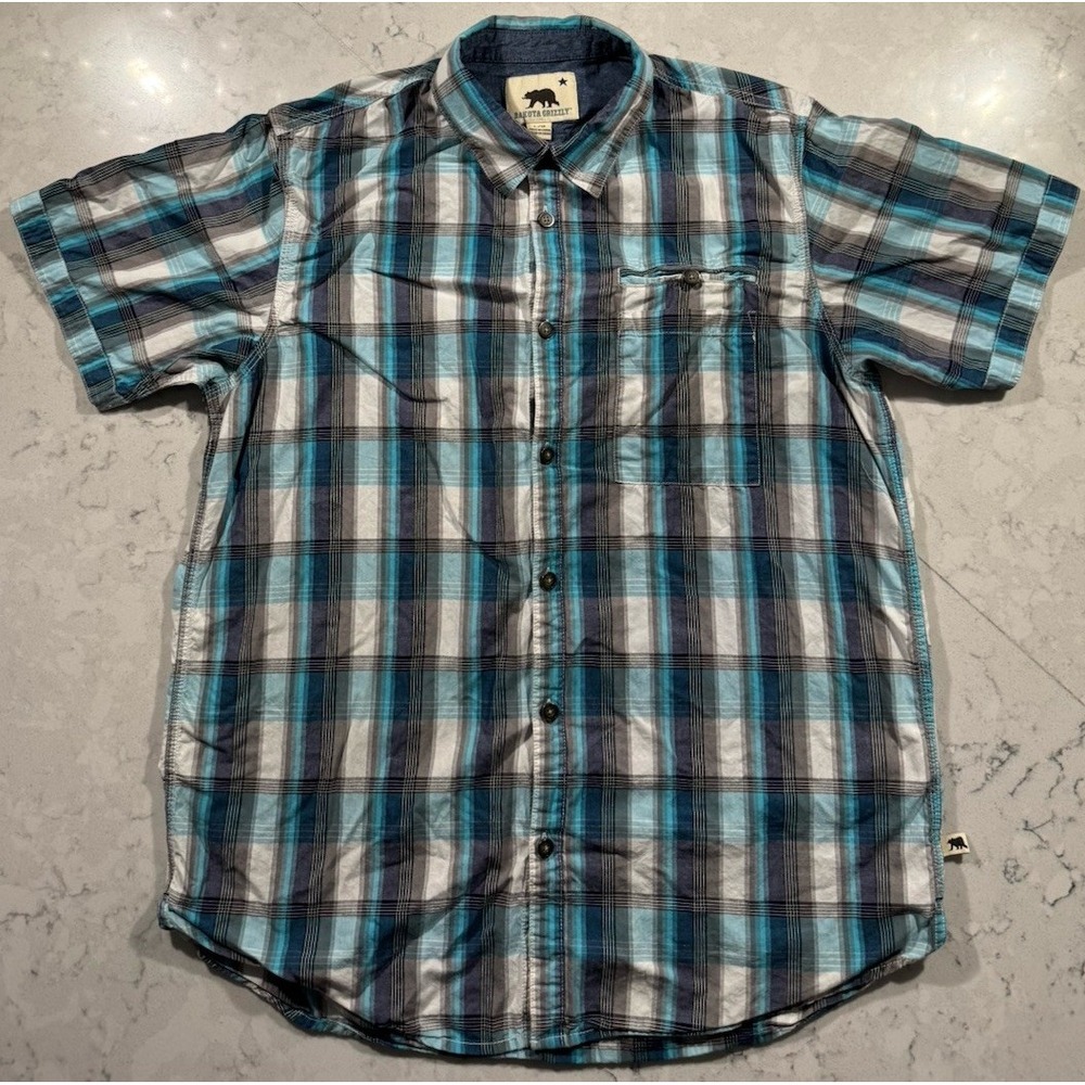 Dakota Grizzly Mens Large Blue Teal Plaid Cotton Short Sleeve Button Up Shirt